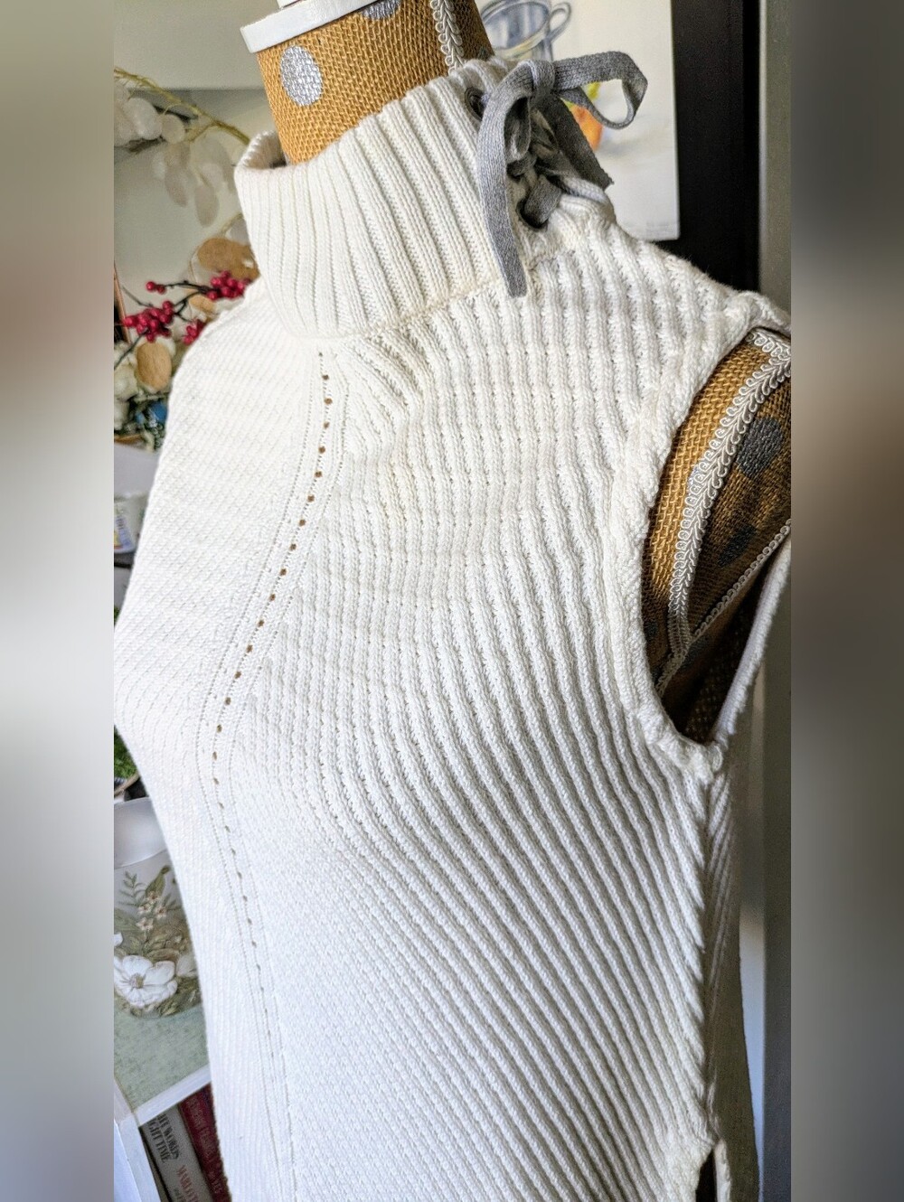 Raffi Cream 100% Cotton Sleeveless Sweater | High Neck Bow | Side Slits | Like N